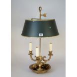 A Georgian style Bouillette style brass table lamp with adjustable green painted circular tin shade,