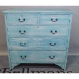 A turquoise painted chest, with two short and three long graduated drawers, on bracket feet,