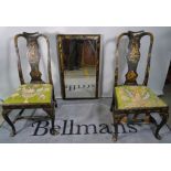 A pair of Queen Anne style Japanned vase back side chairs and a similar rectangular wall mirror,