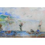 Manner of Paul Signac, Figures at the waters edge, watercolour over pencil, bears a signature,