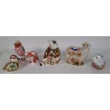 Six Royal Crown Derby Imari paperweights including a duckling, mouse, cat, hummingbird, bear, sheep,