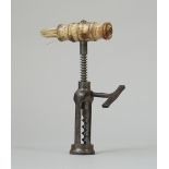 A mid 19th century, twin pillar open rack corkscrew with turned bone handle and brush,