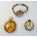 An 18ct gold cased, key wind, openfaced lady's fob watch, detailed to the back plate,