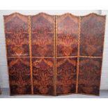 A late 19th century floral polychrome painted embossed leather arched top four fold draft screen,