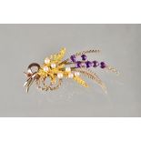 A 9ct gold, amethyst and cultured pearl brooch, designed as a spray, Birmingham 1967,