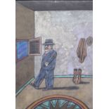 Continental School (29th century), A man pacing a room, mixed media, indistinctly signed,