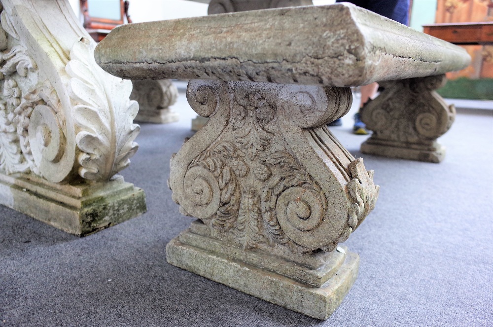A faux stone rectangular garden table on a pair of acanthus scrolling trestle supports, - Image 3 of 4