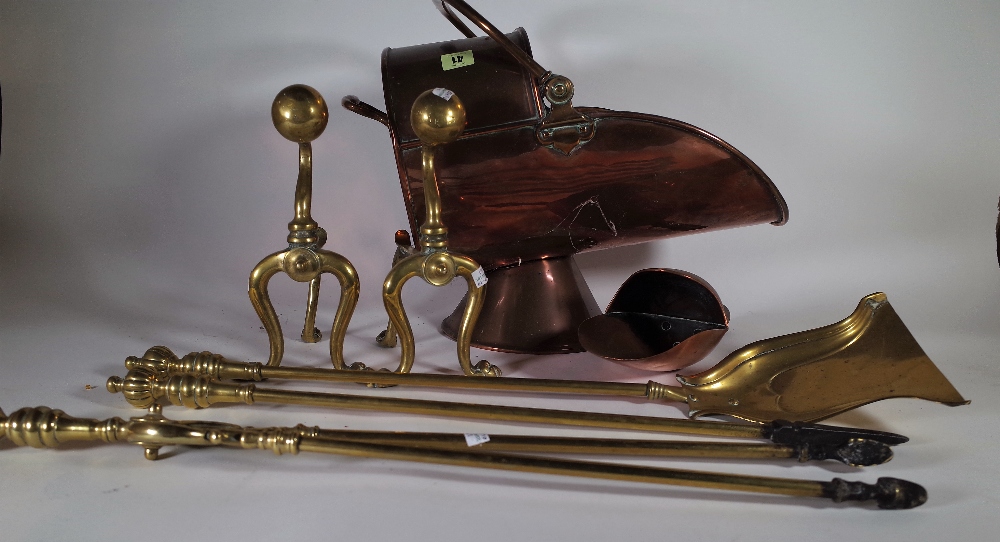 Collectables, including; a small brass andiron, brass fire tools and a copper log basket.
