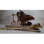 Collectables, including; a small brass andiron, brass fire tools and a copper log basket.