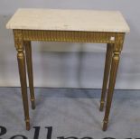 A Louis XVI style marble topped side table on fluted tapering supports, 61cm wide x 75cm high.