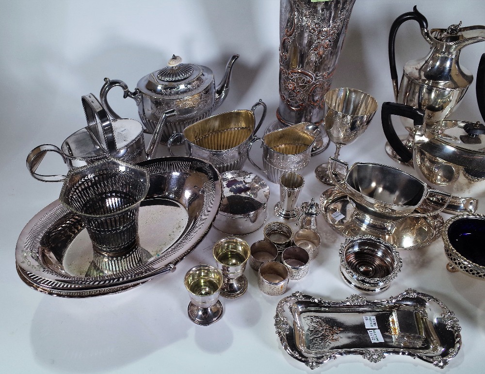 Silver plated wares, including; a vase of tapering form, tea pots, jugs, napkin rings and flatware, - Image 2 of 4