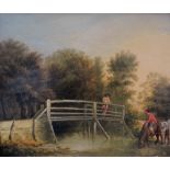 English School (early 19th century), Figures and horse watering by a footbridge, oil on canvas, 24.