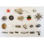 A collection of twenty silver and other brooches, including; a foliate spray, an oval shell cameo,