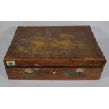 A French painted fruitwood rectangular sewing box, 19th century, the hinged lid painted with a dog,