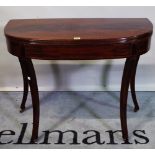 A 19th century Continental mahogany 'D' shaped tea table, on sabre supports, 91cm wide x 73cm high.