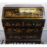 A 19th century oak bureau with later Chinese lacquer decoration, 94cm wide x 99cm high.