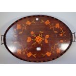 A late 19th century floral marquetry inlaid oval galleried serving tray, 58cm wide x 40cm high.