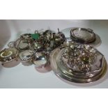 Silver plated wares, including; twin handled trays, octagonal plates, egg cup, jugs and sundry,
