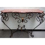 A 20th century French console table, the serpentine marble top over wrought iron base,