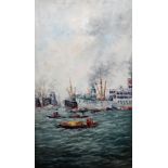 ** Müller, (20th century), Cargo vessels, oil on canvas, signed, 75cm x 45cm.