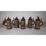 Gerz W Germany; five 20th century ceramic beer tankards with metal lids, each 22cm high, (5).