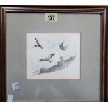 A group of three, including a monochrome study of Peregrines attacking Red Kite, by Donald Watson,