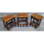 A pair of 17th century style yew wood joint stools, 38cm wide x 37cm high, and another oak stool,