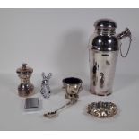 Silver plated wares comprising; a Cocktail shaker, pepper grinder, cauldron salt and liner,