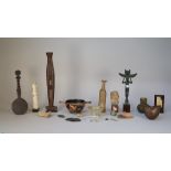 A collection of antiquities and similar items, including Roman style glass, pottery fragment head,