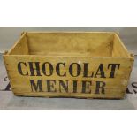Chocolat Menier, an early 20th century salesman's transport box, 88cm wide x 37cm high.