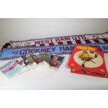 Football interest, a quantity of West Ham football programs, scarves and sundry.