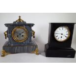 A 19th century grey slate mantel clock and a black slate mantel clock, the tallest 28cm high.