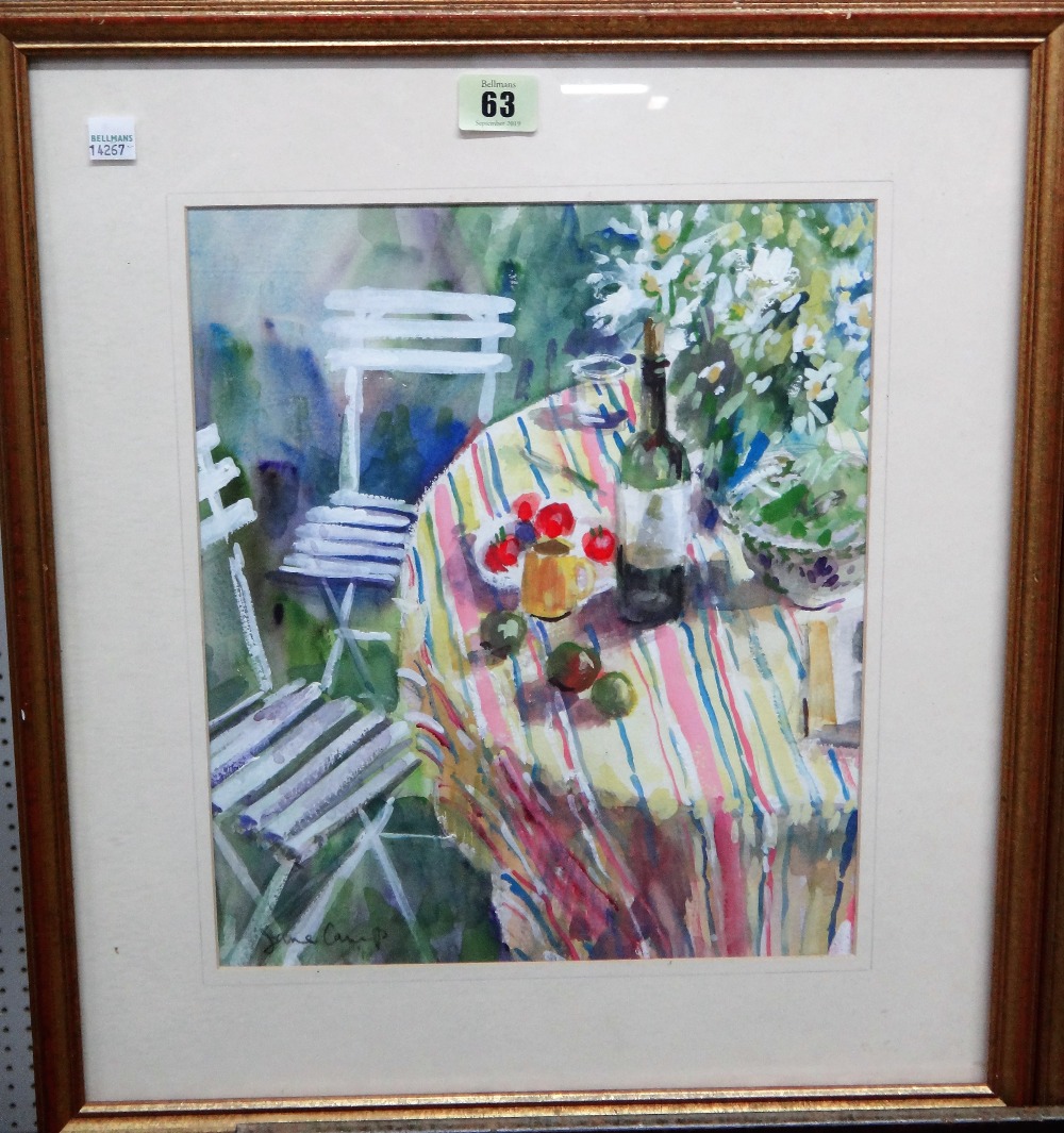 Jane Camp (20th/21st century), The Striped Cloth; In the Conservatory, two gouache, both signed,