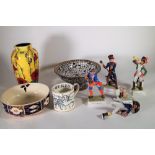Ceramics, including; a group of four Goeble figures, a Tuscan Ware vase, a glass dish and sundry,
