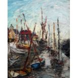 George Hahn (20th century), Boats in harbour, oil on board, signed, 48.5cm x 39cm.