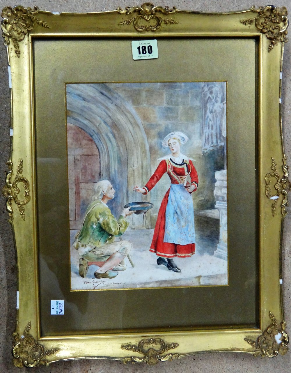 Flora Spurrier (19th/20th century), Denying the beggar, watercolour, signed, 25cm x 19.5cm.