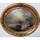 Continental School (19th century), Winter landscape, oil laid on glass, oval, 37cm x 44cm.