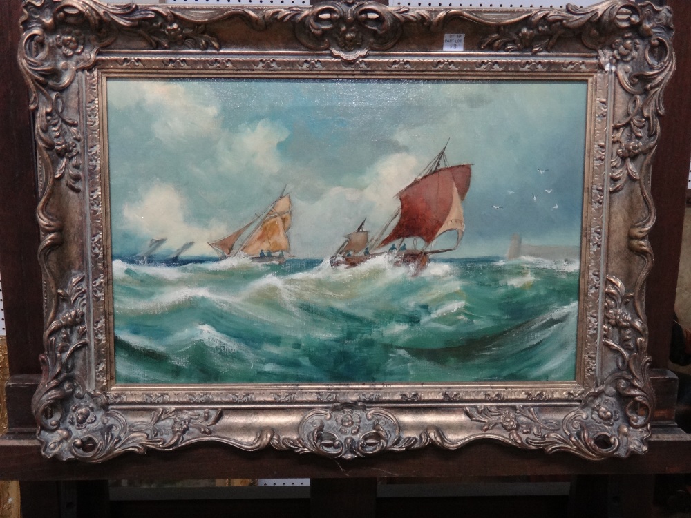 English School (19th/20th century), Vessels at sea; Vessels off the coast, a pair, oil on canvas, - Image 2 of 2