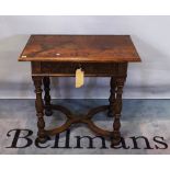 An 18th century and later oak single drawer side table on 'X' frame base, 80cm wide x 71cm high.