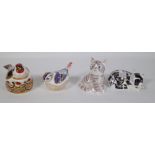 Four Royal Crown Derby Imari paperweights including two cats, goldfish and goldcrest, all boxed,
