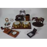 Collectables, including; nine 20th century travel clocks, two faux bronze animal groups, a pipe,