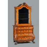 A late 18th century Dutch floral marquetry inlaid display cabinet chest,