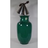 A 20th century green crackle glaze baluster vase, converted into a table lamp, 47cm high, (a.f.).