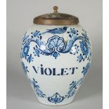 A Dutch Delft blue and white oviform dry drug jar, 18th century, named for `VIOLET',