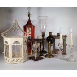 A group of 20th century lamps and lighting, a sand timer and a birdcage, (qty).