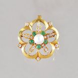 An 18ct gold, cabochon emerald, diamond and cultured pearl set pendant brooch,