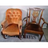 A Victorian mahogany framed peach upholstered armchair, 73cm wide,
