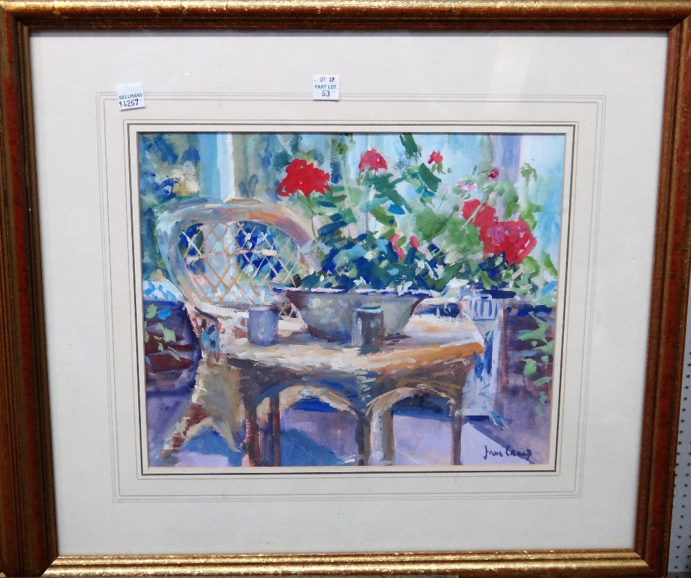 Jane Camp (20th/21st century), The Striped Cloth; In the Conservatory, two gouache, both signed, - Image 2 of 2