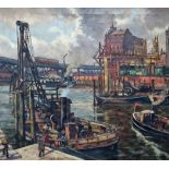 Russian School (20th century), Dock scene, oil on canvas, bears a signature and date, 64cm x 72cm.