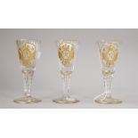 Three Silesian cut and gilt wine glass, early 20th century,